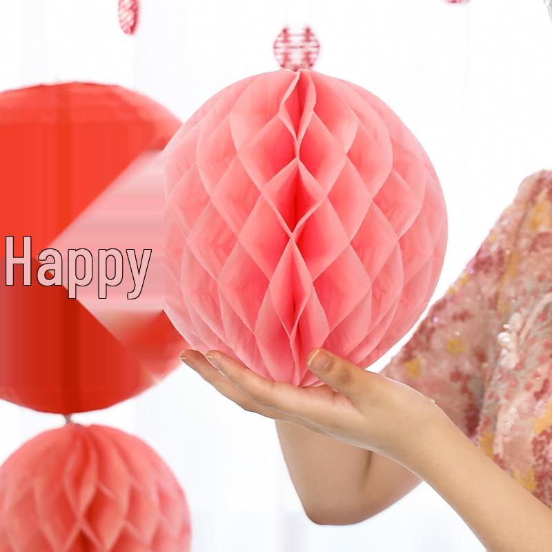 Wedding Double Happiness Garland & Lantern Set with Honeycomb Ball Columns for Background Decor