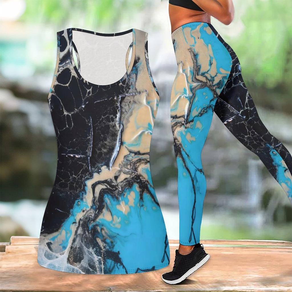 Marble Veining Printed Yoga Outfit for Women Fashion Workout Leggings Fitness Sports Casual Yoga Set Sports Suit