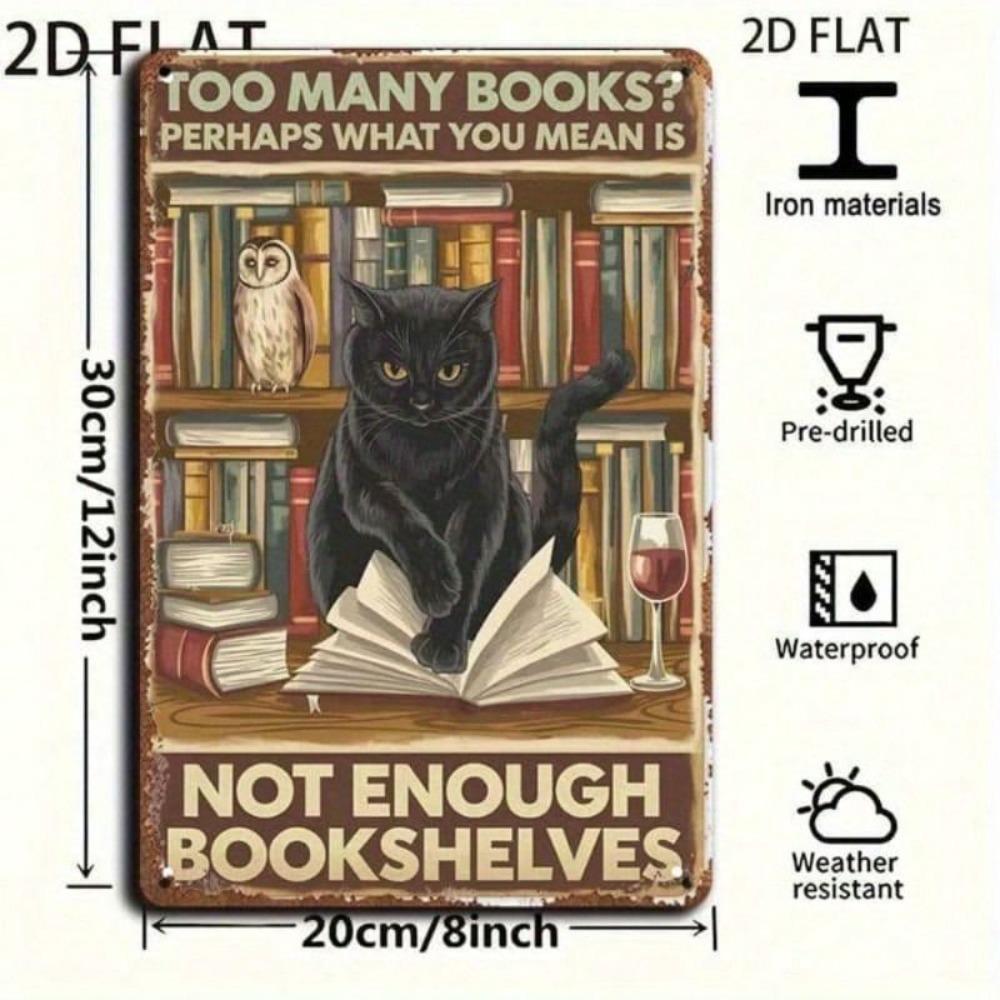 Vintage Metal Sign Black Cat Book Wall Decor Bar Home Office