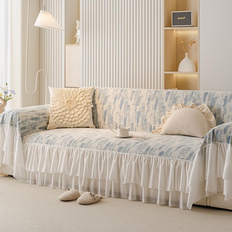 1pcs French Irregular Printed Sofa Cushion Chiffon Skirt Edge Sofa Blanket Anti Slip and Cat Scratch Resistant Bench Cloth Machine Washable Non-deform