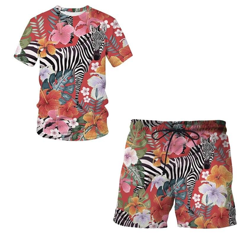 Herren-Sportanzug, T-Shirt + Shorts, Trainingskleidung, 2-teiliges Set, kurzärmelige Sportbekleidung mit Cartoon-Tier-3D-Leopardendruck