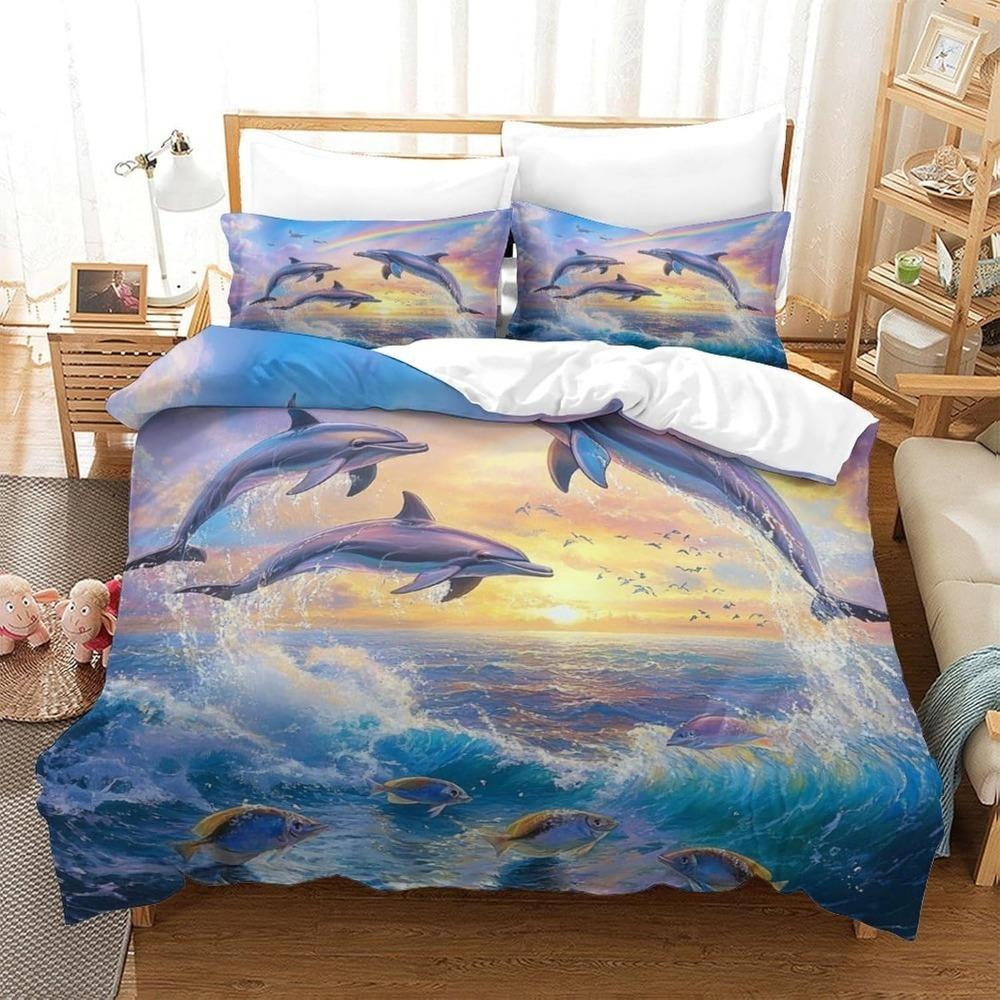 CartoonDolphin  Motif Bed Linen,Microfibre Bedding Sets, Children's Bed Linen  for Teenagers  adult  3-Piece Duvet Cover