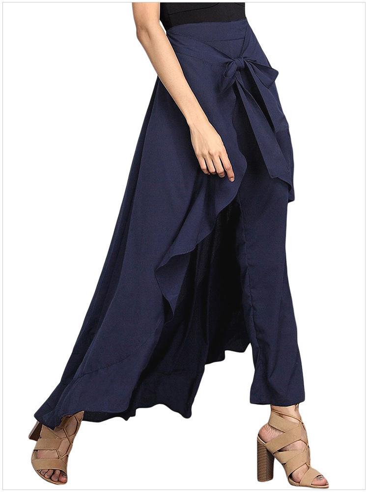 

Ladies Casual Double Layer Wide Leg Culottes Irregular Ruffle Long Pants XL Темно-синій