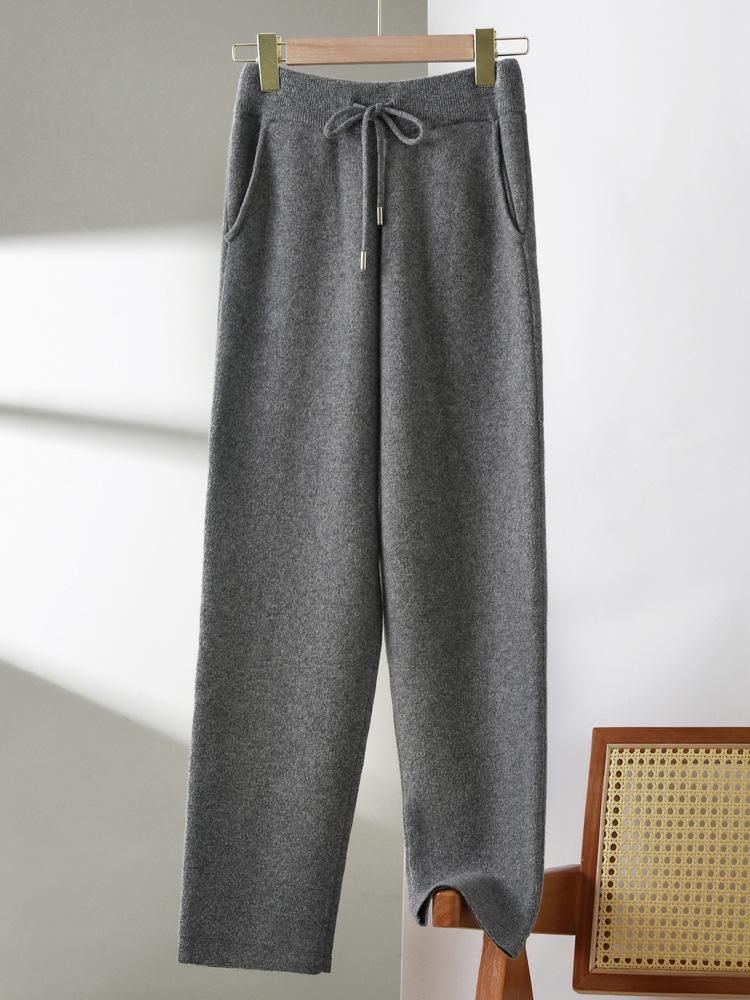 Pantaloni dritti in maglia di lana spessa da donna con tasche