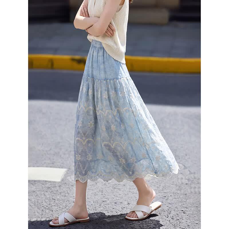 Awakened Paradise Summer Embroidered A-Line Midi Skirt ONE SIZE