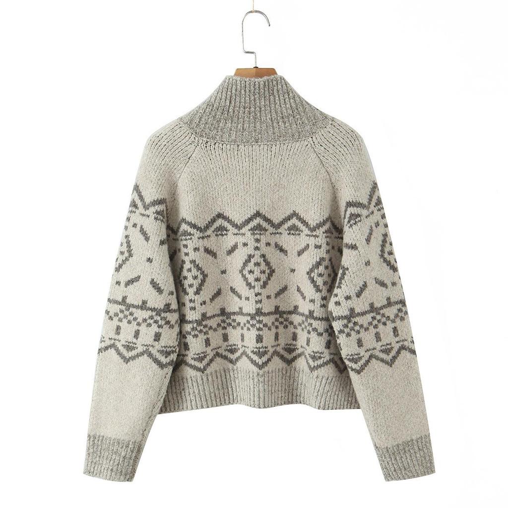 Women's Retro Color-Block Jacquard Knit Cardigan for Autumn/Winter