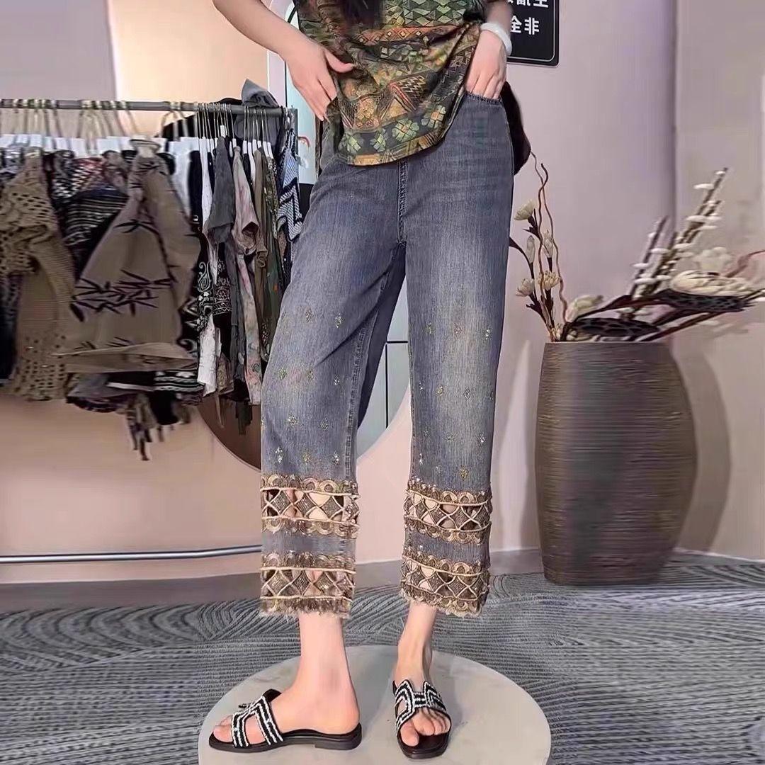 

Вышитые прямые джинсы с вырезами Женские 2025 Лето Высокая посадка Повседневные джинсовые брюки Модные укороченные брюки M синий