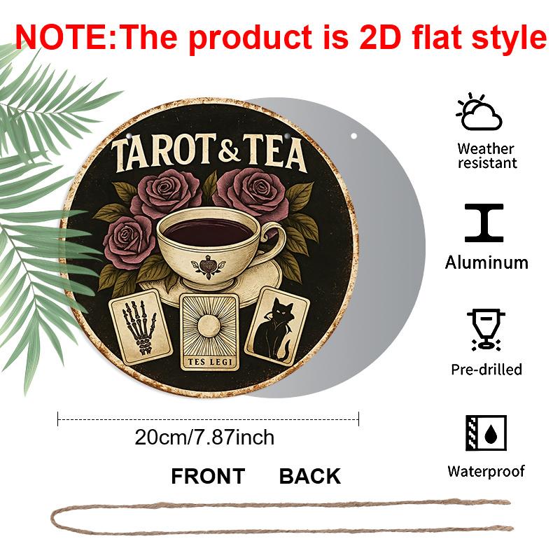 2D Flat, 1pc Round Vintage & Tea Metal Wall Art Sign - 7.87 Inch Aluminum Decor with Roses, Cups, and Symbols, Rustic Black Backgfor Home, Cafe, Bar