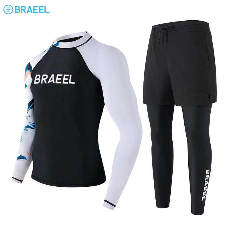 Mens UV Protection Rash Guard Set Long Sleeve Top Full Length Pants Surfing Diving Snorkeling Swimming