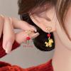 Red Asymmetrical Small Horse Glass Fu Earrings - Luxurious Niche Design for New Year