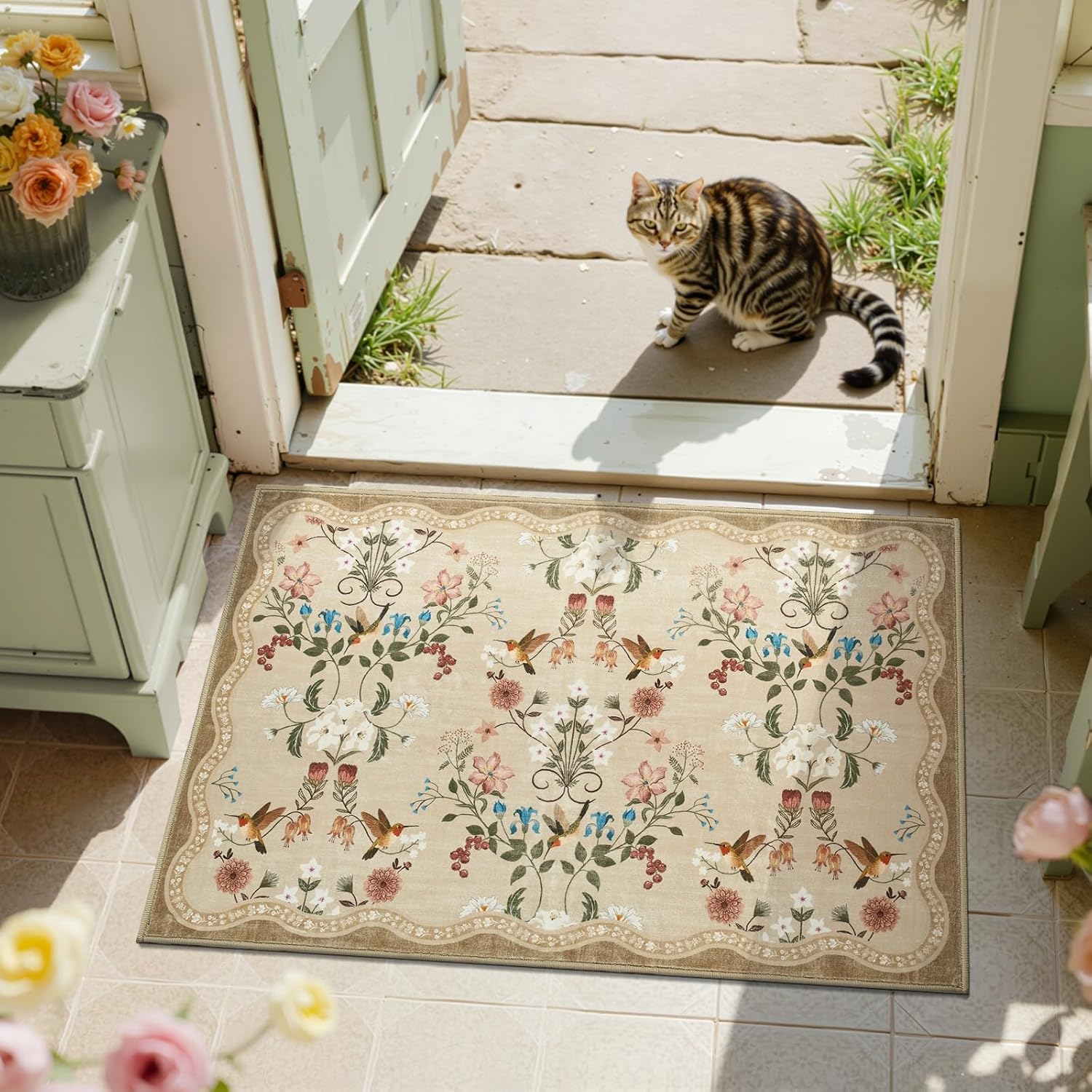 

Rectangular Flower and Bird Pattern Elegant and Soft Door Mat Carpet Decoration Bathroom Bedroom Entrance Door Mat Anti Slip Rug 40x60CM