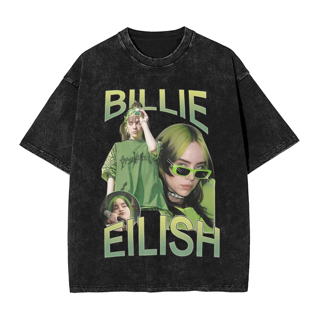 Singer BBillieGirl Eeilish Music Vintage Washed T Shirt Unisex Cotton Clothes Printed Round Neck Short Sleeve