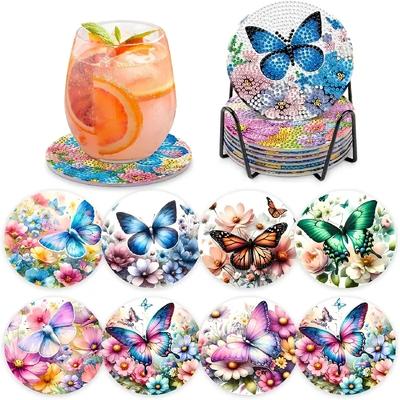 8 Pieces/set of Diamond Butterfly Patterned Coasters, DIY Coasters with Holder, Suitable for Beginners and Adults, Art and Craft Supplies Gifts
