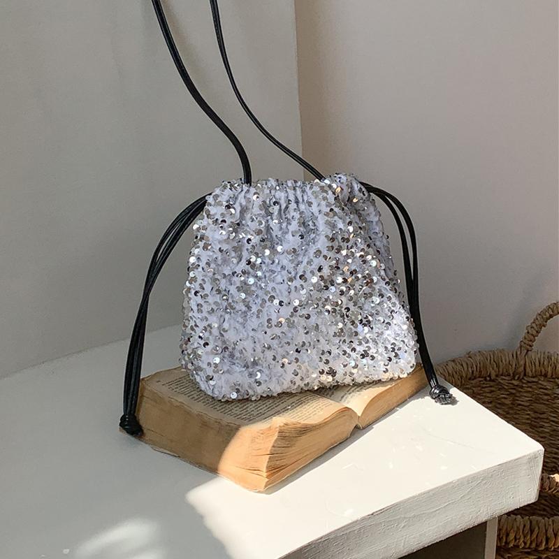Handheld Bucket Bag, Women's Drawstring Pleated Shoulder Crossbody Bag, Women's Fashionable Colorful Sequin Bag