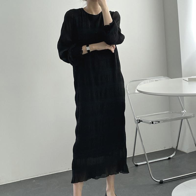 

Корейская мода женское плиссированное шифоновое платье весенний фонарь с длинным рукавом круглый вырез длинные платья элегантные женские свободные повседневные простые праздничные наряды 3146 One Size чёрный