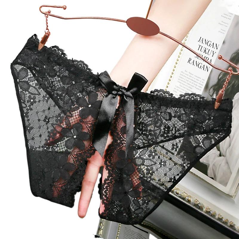 Sexy Underwear For Woman Lace Open Crotch Transparent G-Strings Thongs Low Waist Bow Female Tanga Hollow Briefs Lingerie