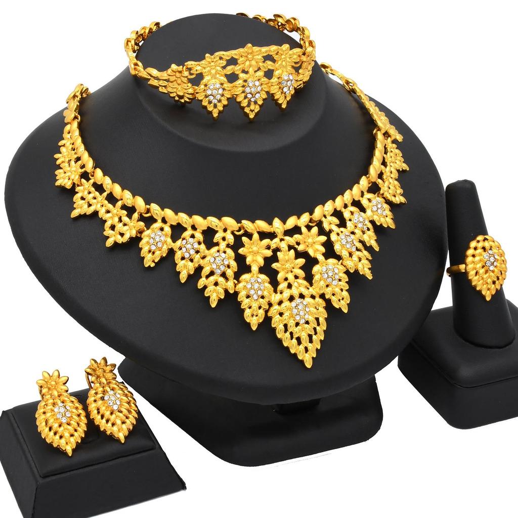 Indian Dubai Sand Gold Jewelry Set: Necklace, Bracelet, Ring & Earrings for Bridal Wedding.