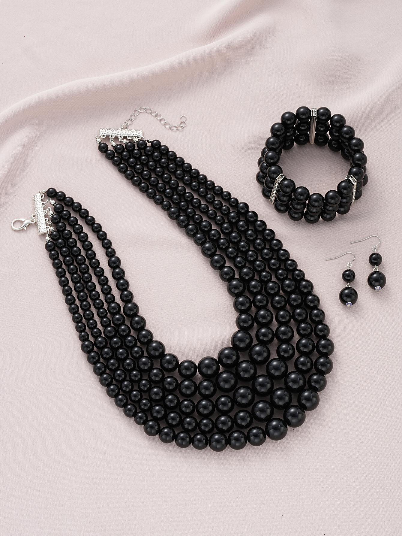 Punk Pearl Jewelry Set for Women Multi Layered Imitation Pearl Choker Necklace Bracelet Drop Earring Set Boho Handmade Jewelry