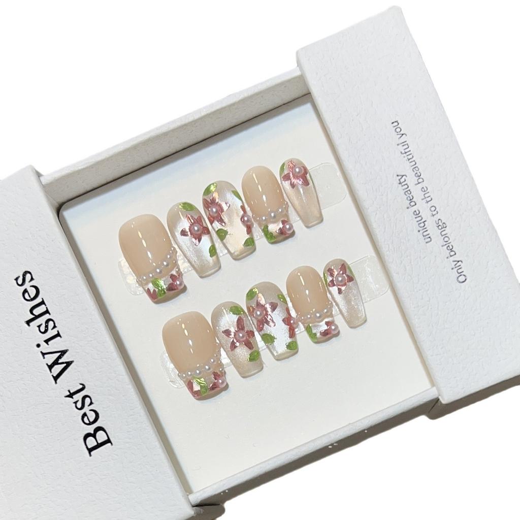 Advanced Sense of Wearable Armor Handmade Nude Color French Cat Eye Hand-painted Purple Magic Mirror Pearl Fake Nail Removable Nails