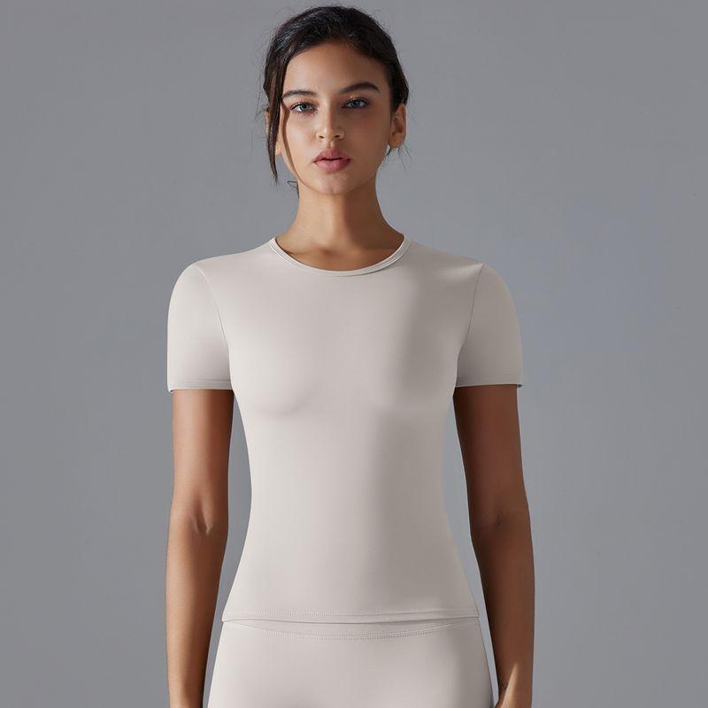 2025 Summer Pure Color Double-Sided Brushed High Elastic Tight Breathable Yoga Clothes Short Sleeve Sports Running Workout T-shirt Women