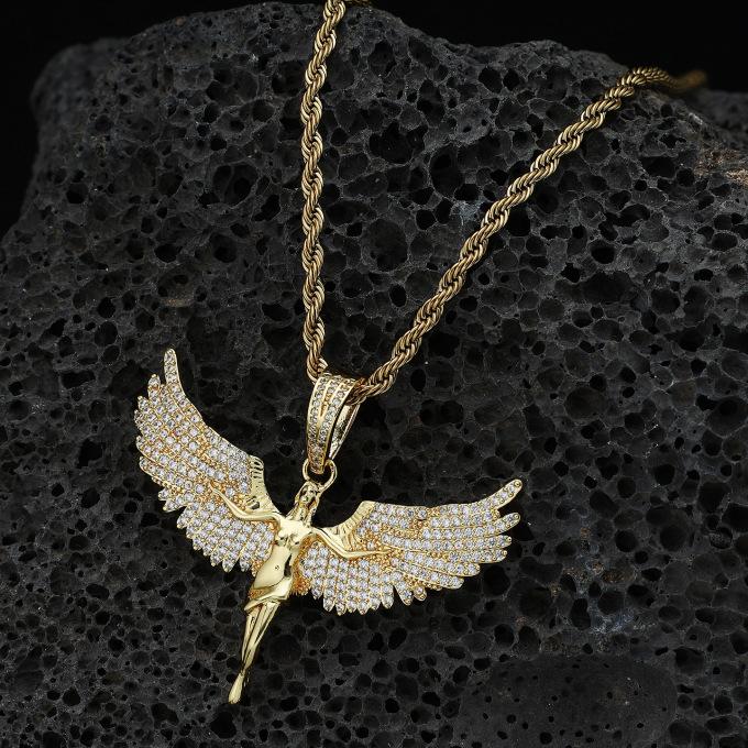 Hip Hop Koperen Set met Zirconia Engelenvleugel Hanger Krokante Ketting Europese en Amerikaanse Modemerk Persoonlijkheid Mannen Ketting