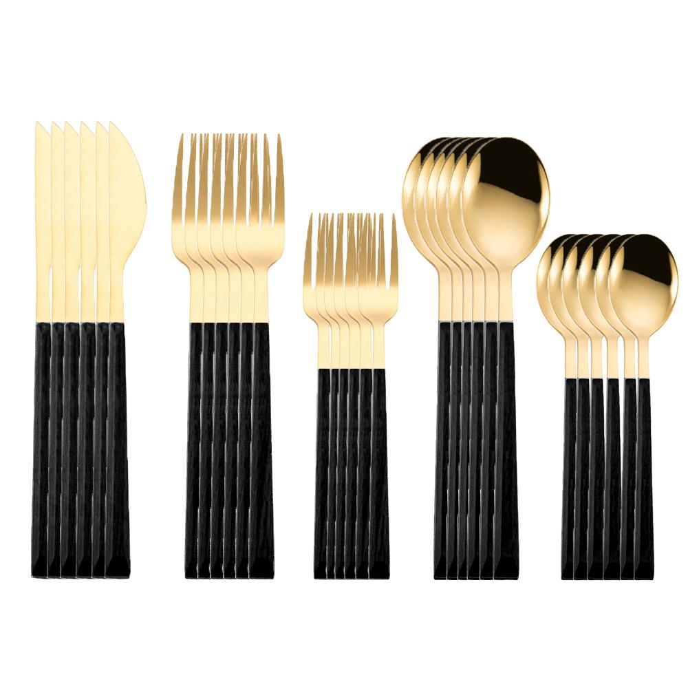 30pcs Dinnerware Set Imitation Wooden Handle Gold Cutlery Set Marble Stainless Steel Knife Fork Spoon Tableware Cutleries Sets