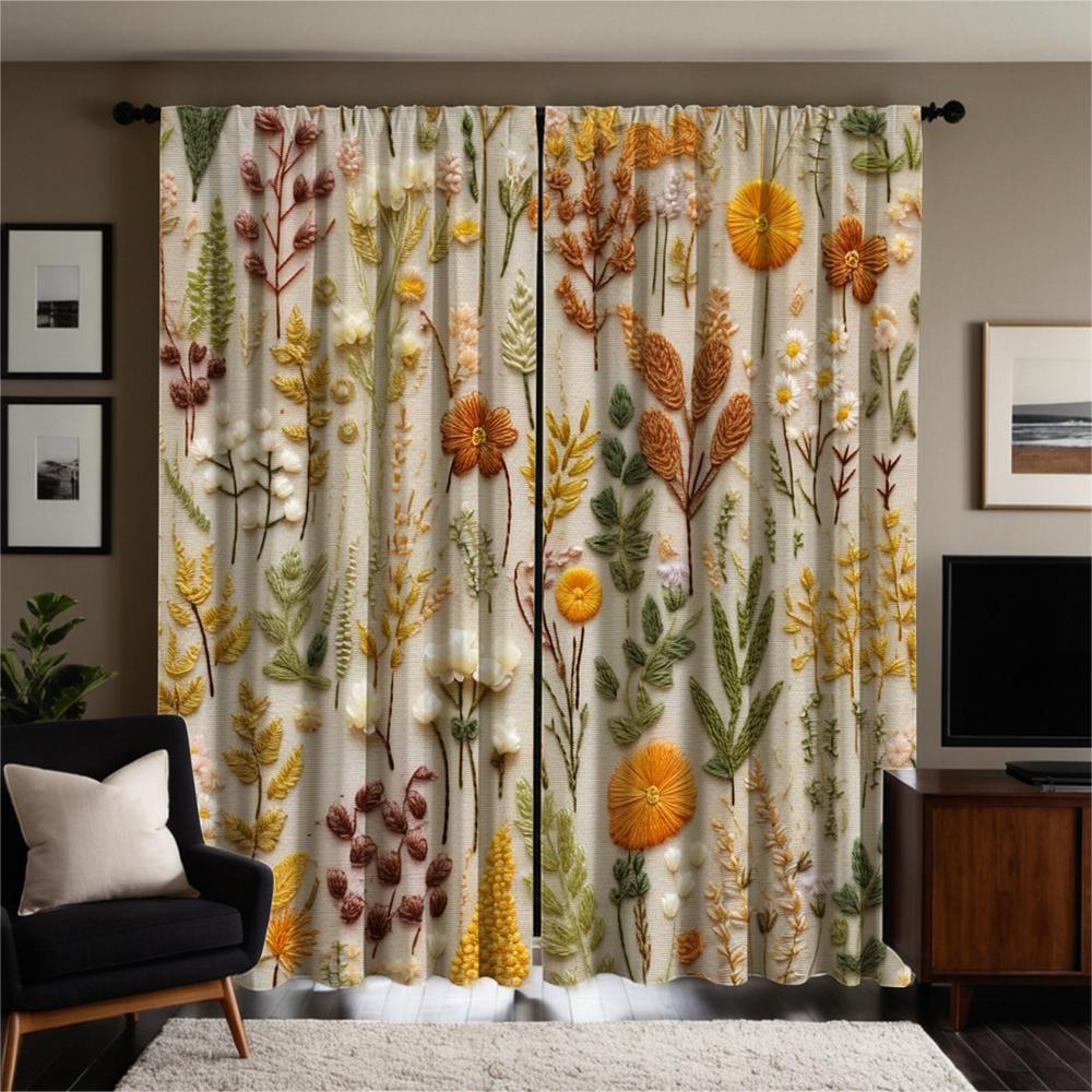 2-piece set of high-definition digital printed curtainFloral Embroidered Curtain Yellow Green Orange ColorfulHome decoration sty