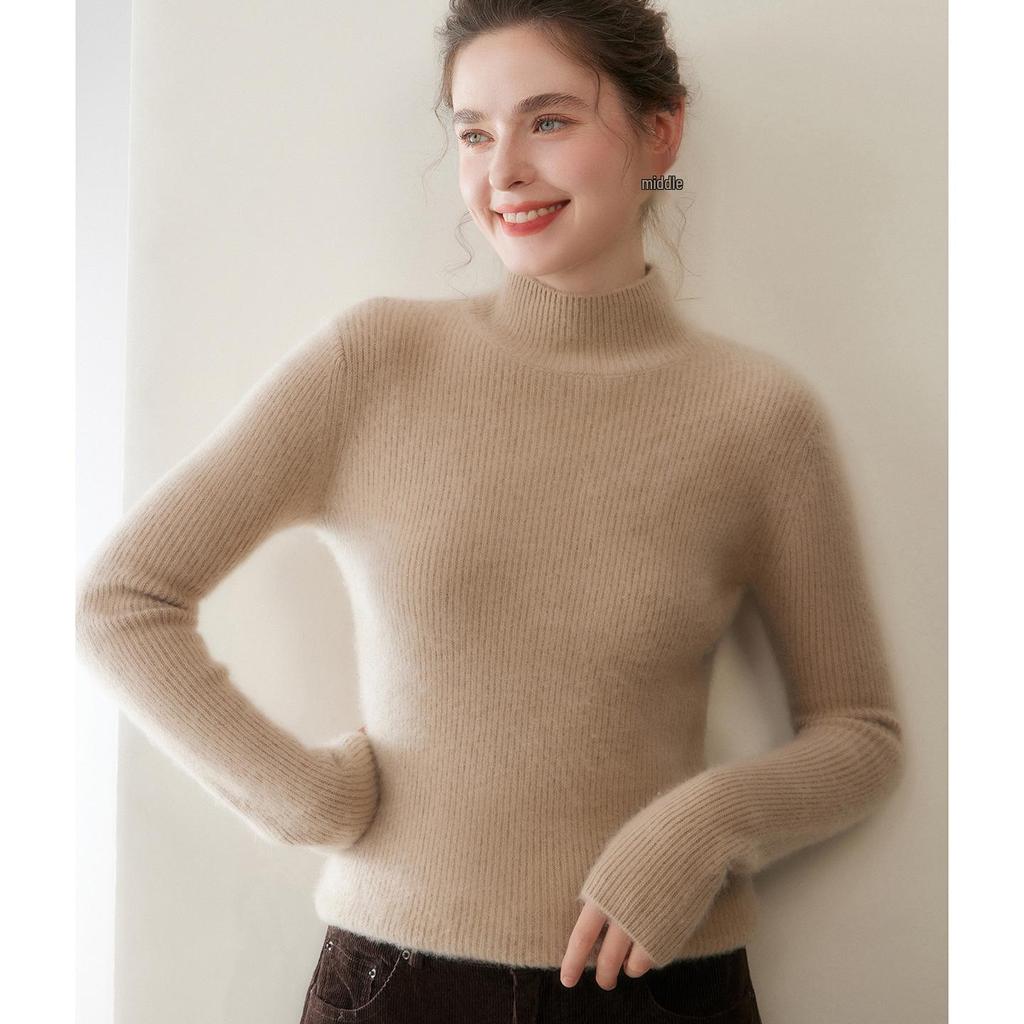 Women's Thickened Double-Strand Cashmere Sweater: Soft, Skin-Friendly, Ribbed, Slim-Fit, Solid Color, Half-High Collar, Flattering Knit Design.
