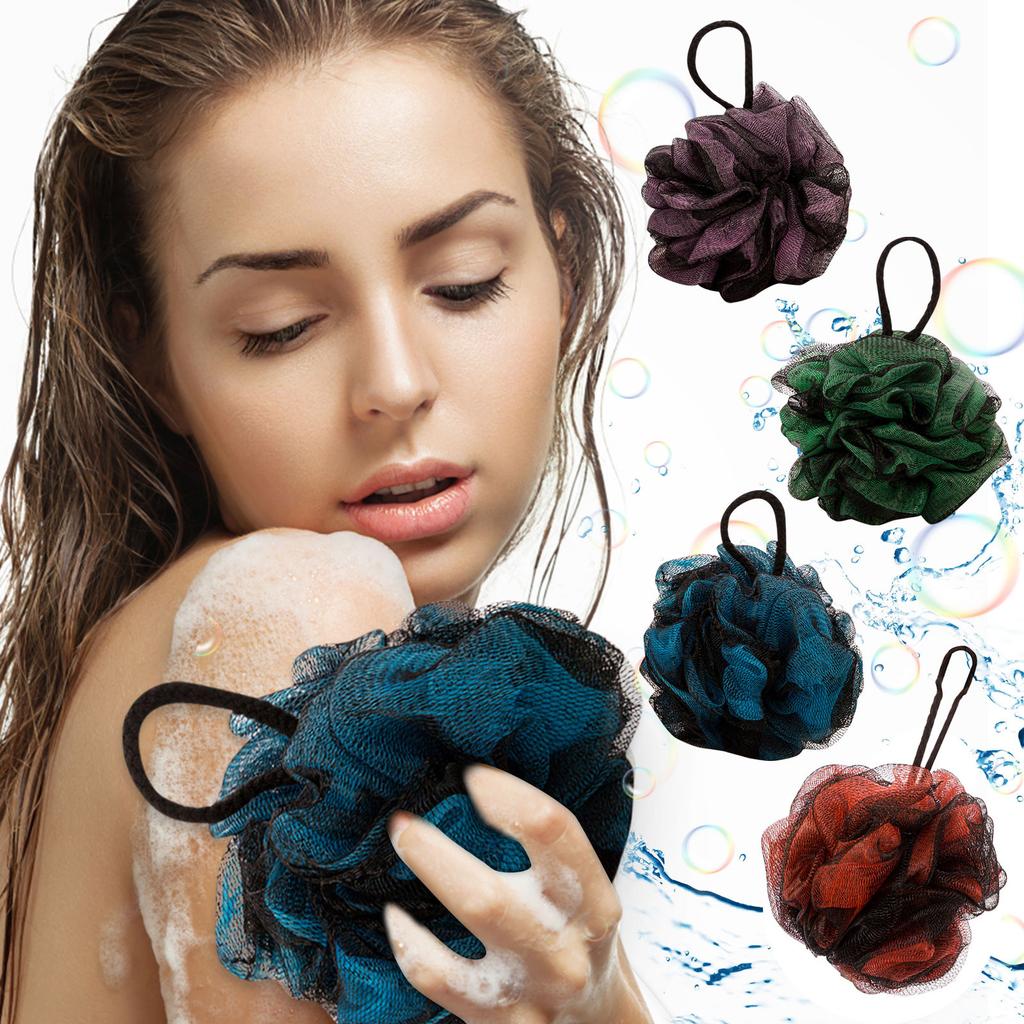 Set of 4 Bath Shower Poufs with Hanging Loops Mesh Body Scrubber Exfoliating Shower Sponge for Daily Bathing and Skin Cleansing