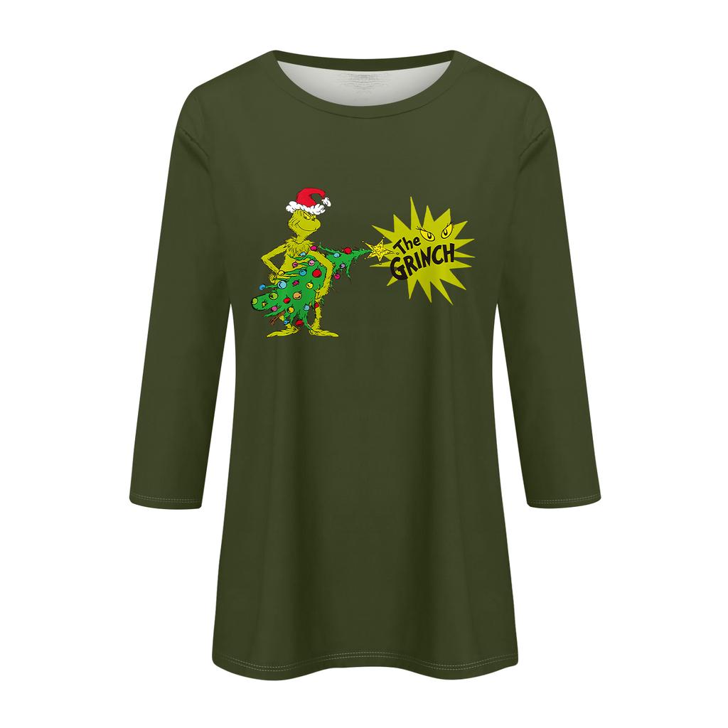 3/4 Sleeve Tops For Women T-Shirt Casual Christmas Print Tops T Shirt Round Neck Pullover Blouse