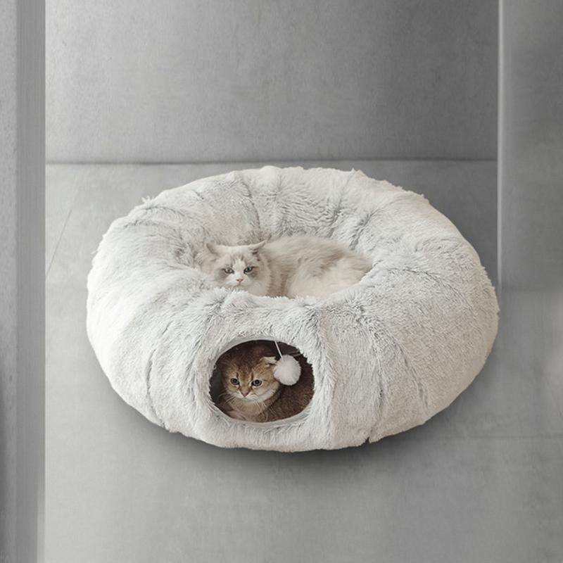 Cat Bed Tunnel 2-in-1 Plush Warm Kitten Cave Warming Cat Bed For Pet Parents Animal Lovers Cold Weather Indoor Home Office