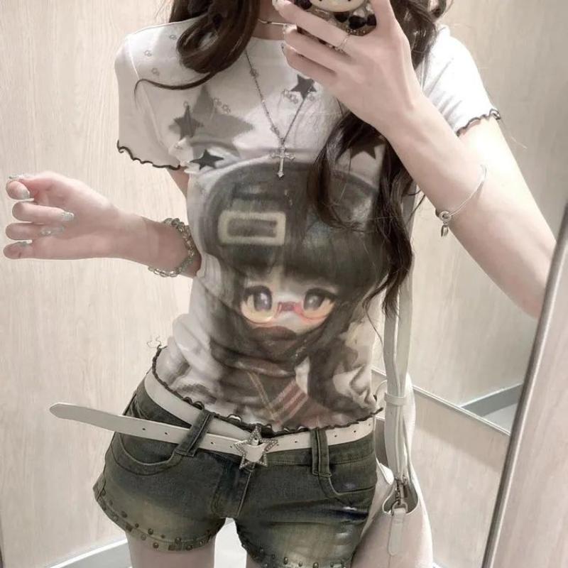 

Девочки Y2K Футболки с принтом Футболки с круглым вырезом для женщин Футболки с коротким рукавом L белый