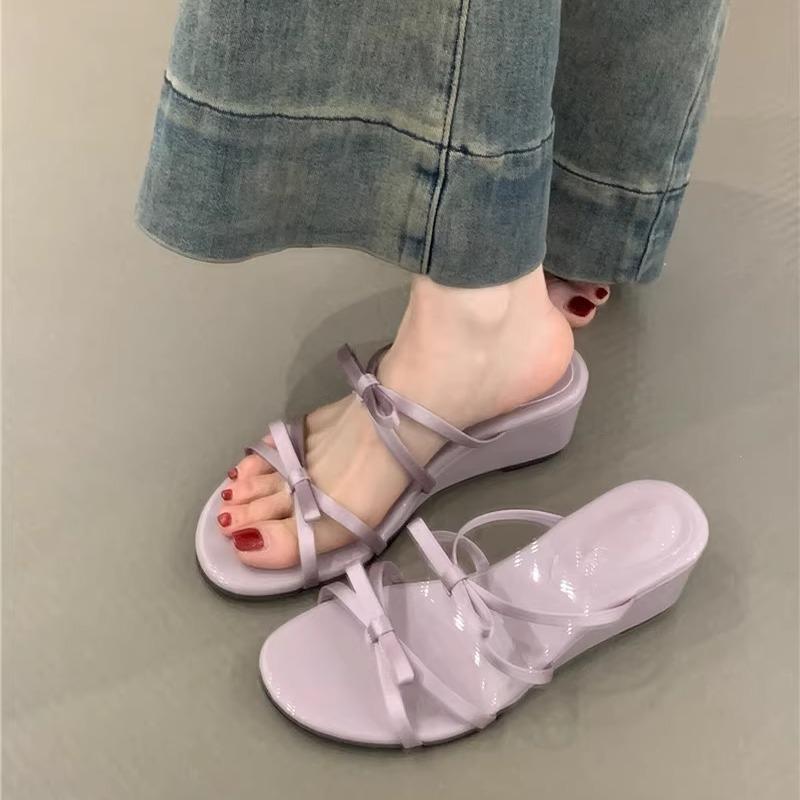 Wedge heel gentle bow slippers summer new temperament elegant purple with skirt sandals