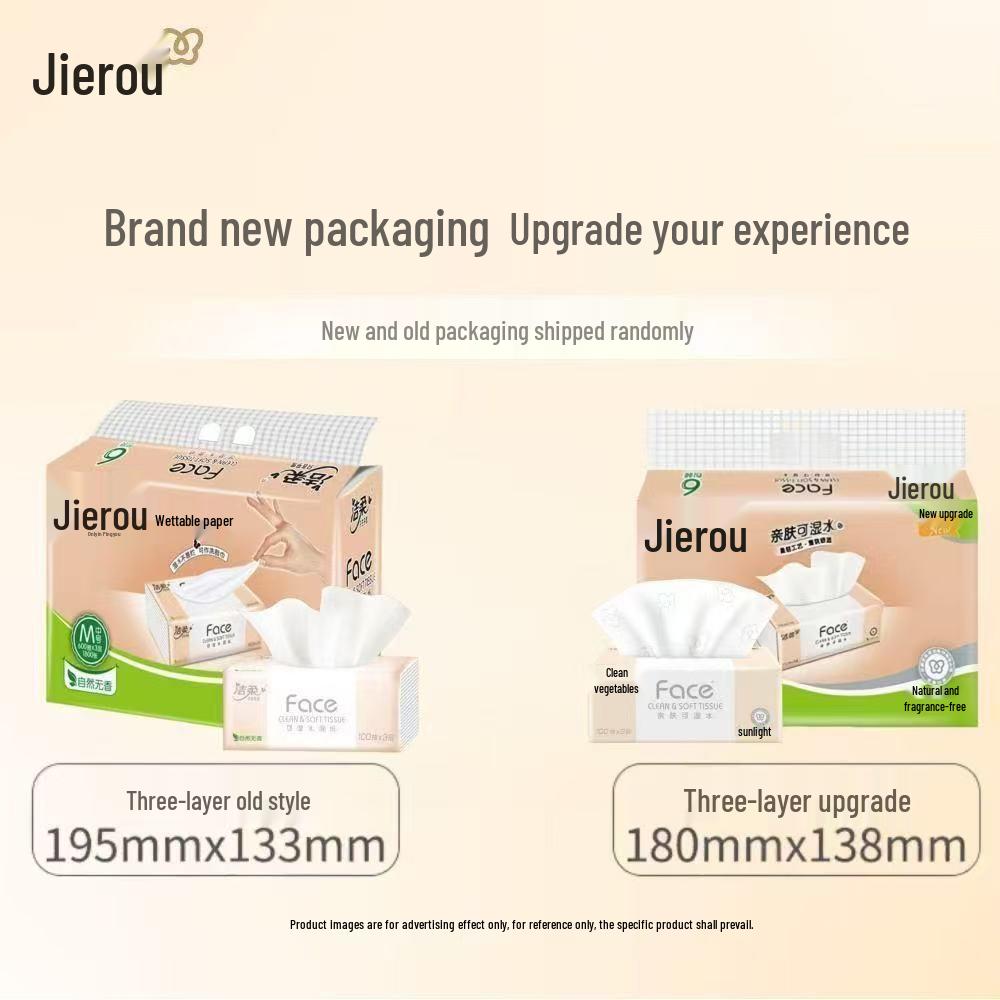 Jie Rou 3-Ply Unscented Facial Tissues, 100 Sheets, Wet-Strength Paper Napkins Value Pack.