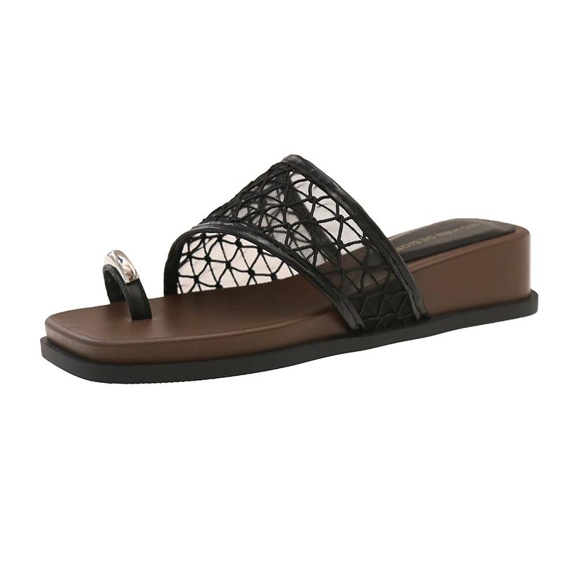 Fashion Square Toe Metal Slip-on Lace Breathable Flip Slippers Women's Xia New Outside Wear Anti-Slide Heel Sandal Slippers