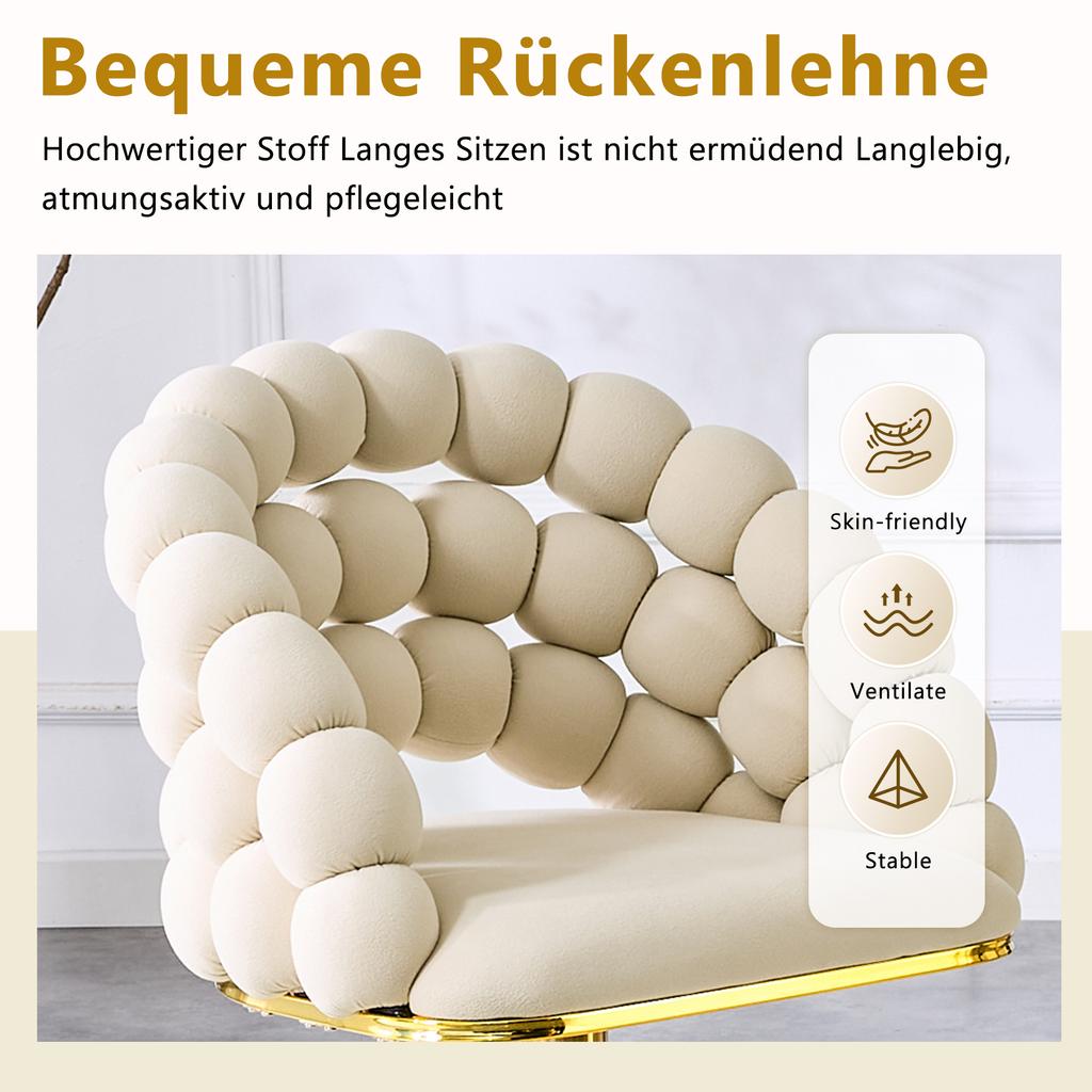 Cream White Velvet Bar Stools Set of 2 – Ball-Chain Backrest, Gold-Plated Adjustable Frame, Stylish for Kitchen Island, Home Bar & Dining Area