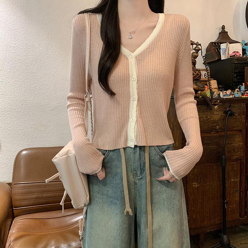 

{Six wool} 2025 autumn and winter thin new V-neck contrasting color short thermal knitted sweater casual versatile women one size fits all рожевий