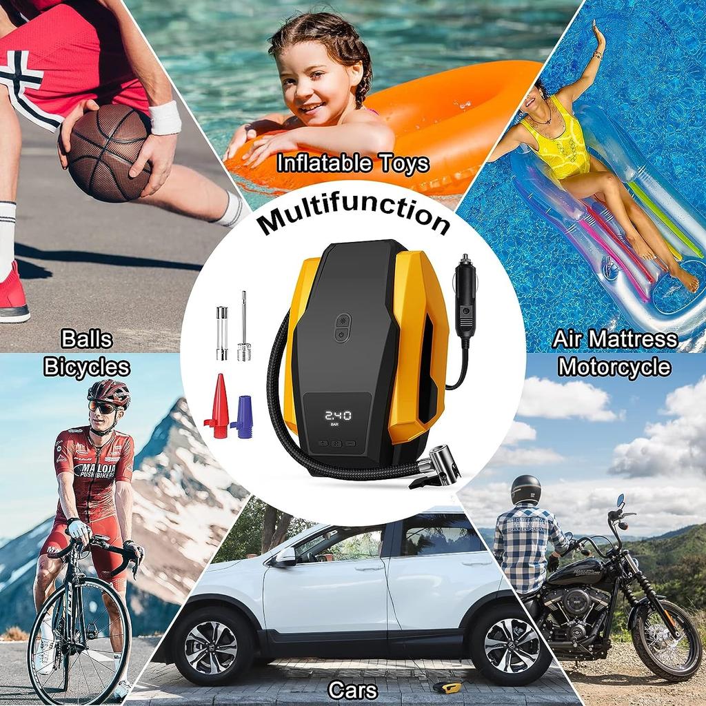 Electric Air Pump, 12V Air Compressor, Portable Compressor with LED Light Inflator Compressor Portable for Car Tires, Bicycle and Others
