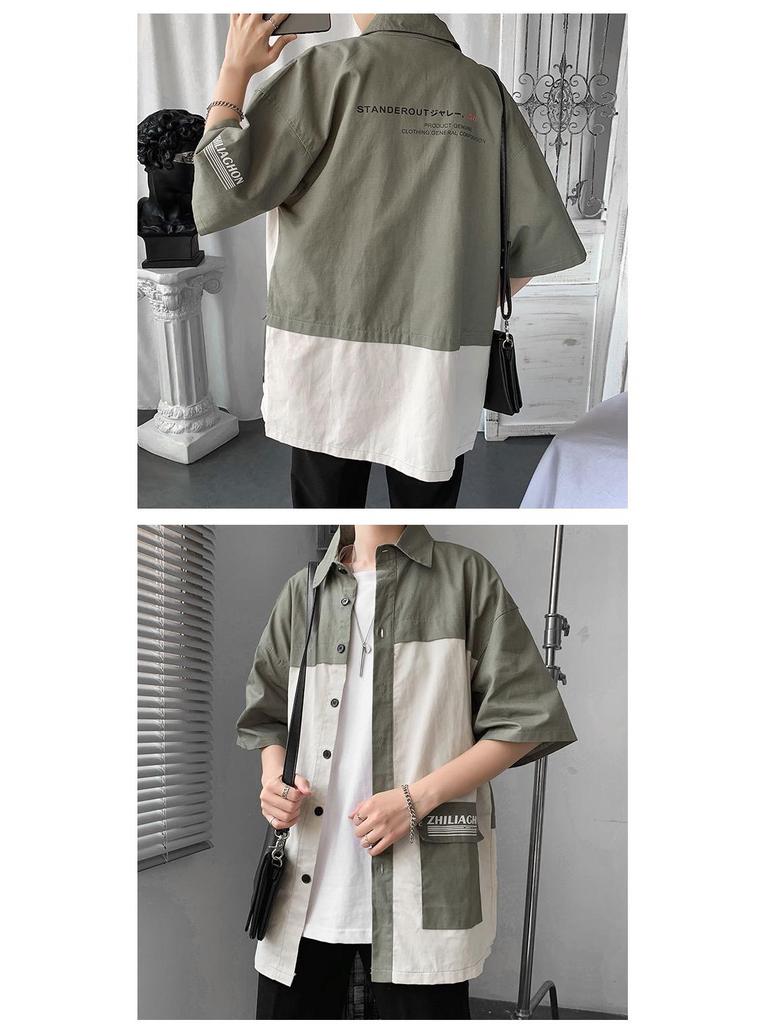 Men's Trendy Color Block Short-Sleeve Shirt - Hong Kong & Korean Style