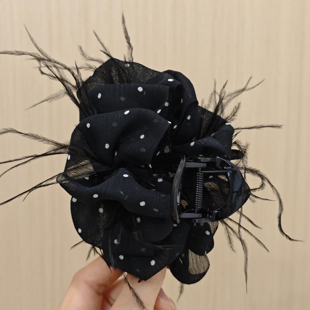 Korean Polka Dot Feather Hair Claw for Women - High-End Mesh Flower Hairpin Accessory