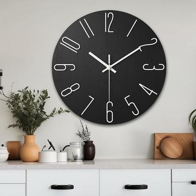 Modern Minimalist Wall Clock with 3D White Numbers & Wood Grain Design – Silent Quartz Movement, Battery Operated, Perfect for L