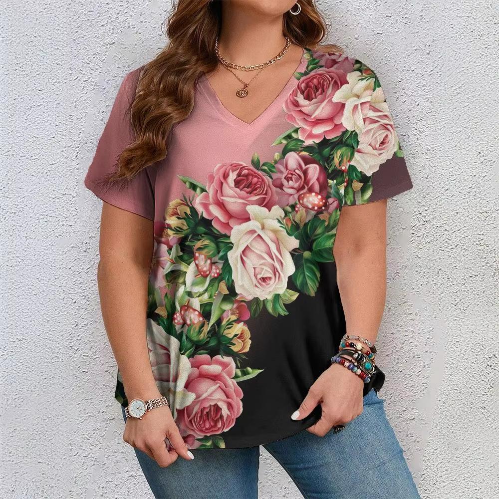 Lässiger Vielseitiger Modetrend Hochwertiges Blumenmuster Kurzärmeliges V-Ausschnitt T-Shirt