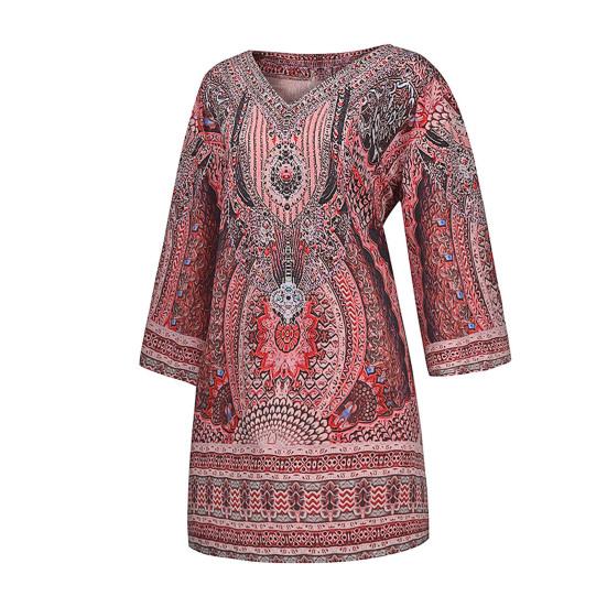 V-Ausschnitt 3/4 Ärmel Shift Design Urlaubs Kleid Ethnischer Stil Bohemia Retro Print Damen Kleid Damen Kleidung