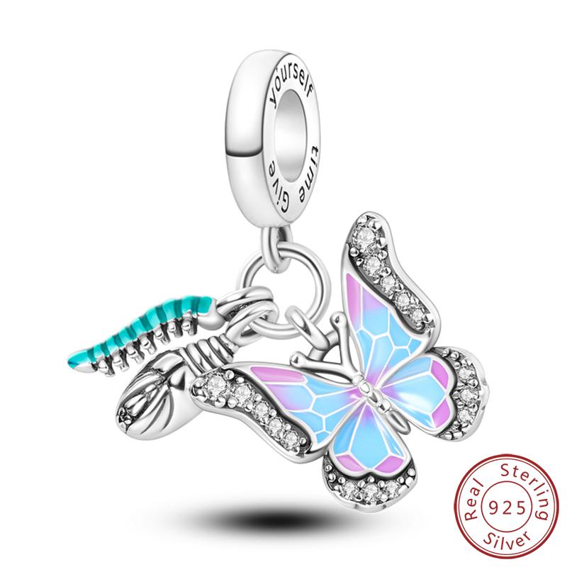 Elegant S925 Silver Butterfly & Dragonfly Multicolor Charms Beads Pendant 3mm DIY Fine Jewelry Making Accessories Gifts