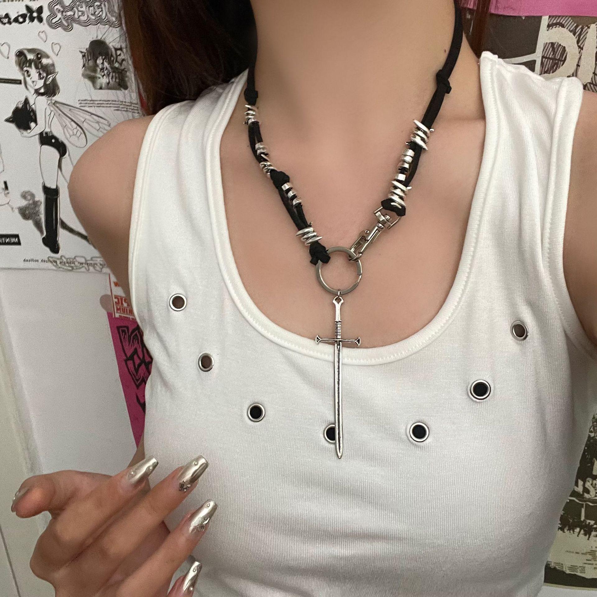 

Punk Hip-hop Sliver Color Redemption Thorn Holy Sword Pendant Black Rope Chain Necklace for Women Hot Girl Personality Jewelry