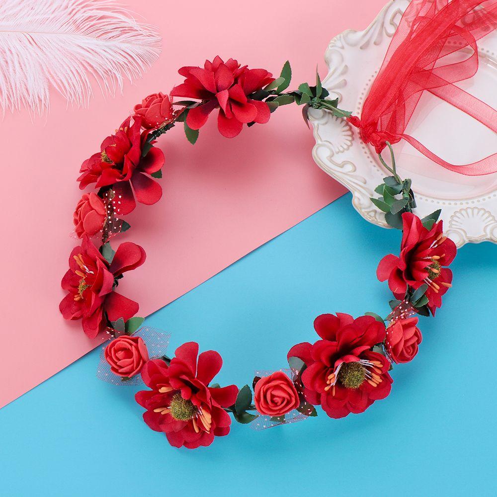 Flowers Leaves Headbands with Adjustable Ribbon Bohemia Garland Bridal Halo Headpiece Rose Flower Crown Girls Floral Wreath