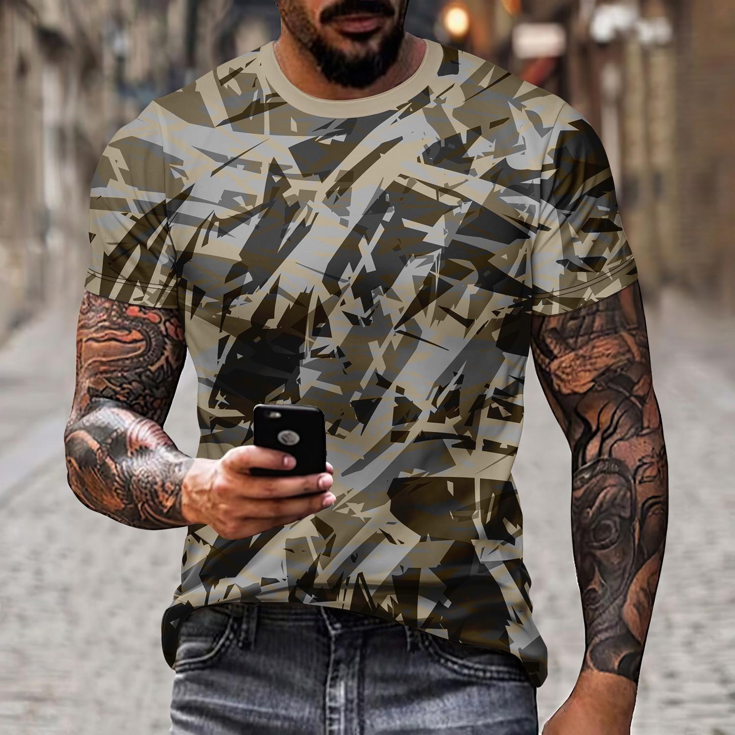 

Літня 3d-ретро камуфляжна футболка у стилі мілітарі для чоловіків, комфортна на відкритому повітрі, м’який і дихаючий поліестеровий топ із короткими рукавами з круглим вирізом L