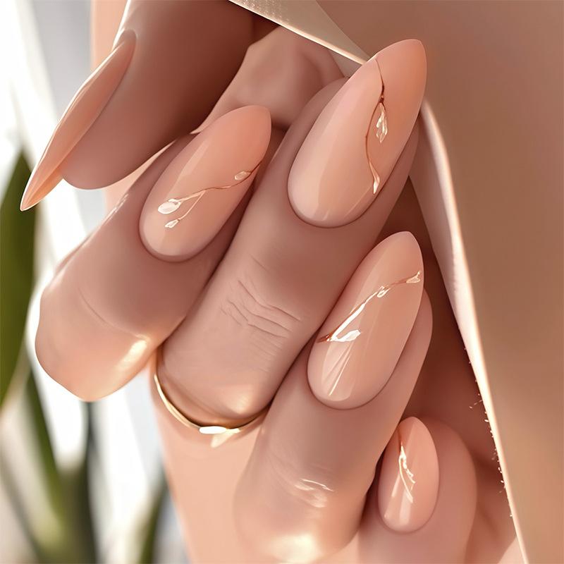 24PCS Simple Almond Wearable Press On Nails with Marble Lines Pattern Gradient Gold Fake Nail Glue Full Cover Manicure Ins Tools