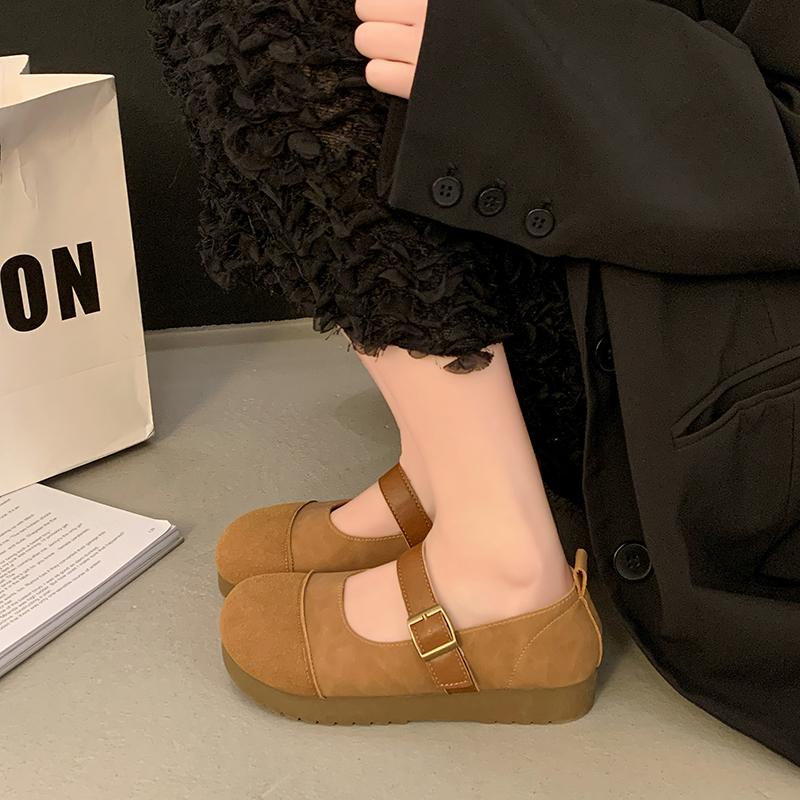 Fashion Women's Fashion Flat Shoes Spring New Round Head Suede Splicing Metal Buckle A Word with Soft Sole Single Shoes