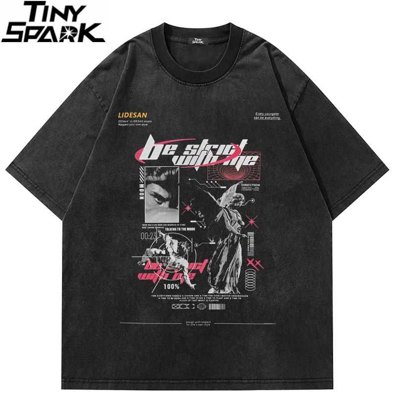 Men T Shirt Streetwear Hip Hop Oversized T Shirt Angel Statue Graphic Tshirt Faded Black Harajuku Cotton Tops Tees Dope